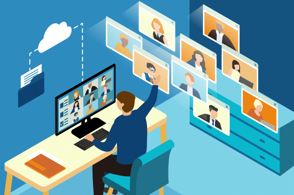 Illustration of man raising hand during remote work collaboration to show leading remote teams