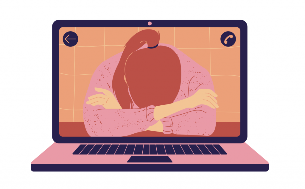 Illustration of woman with head in arms in laptop for challenges of remote work