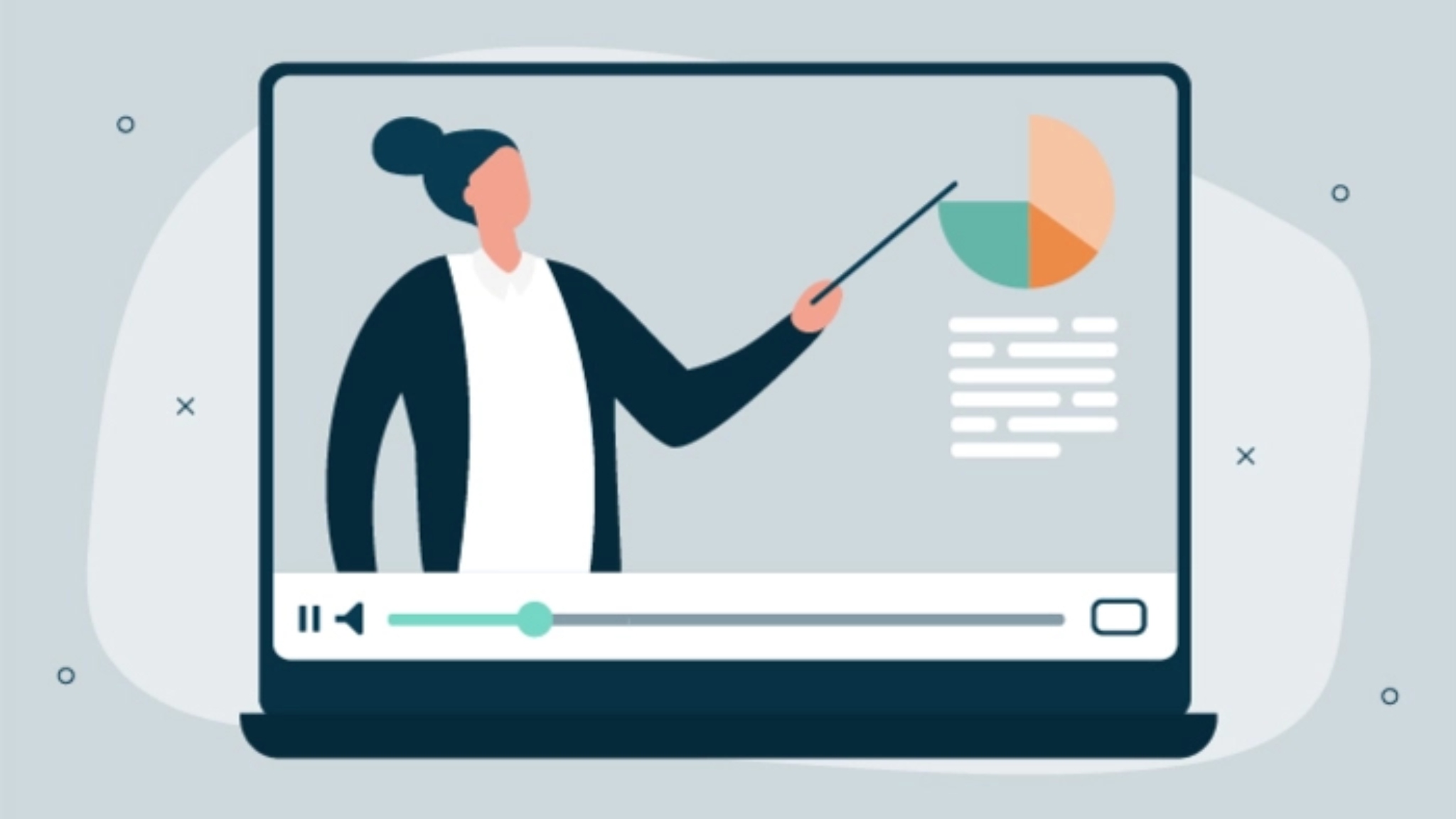Illustration of woman pointing at lesson plan through a video for tutoring through custom video conferencing