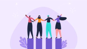 Illustration of four people from diverse backgrounds holding hands