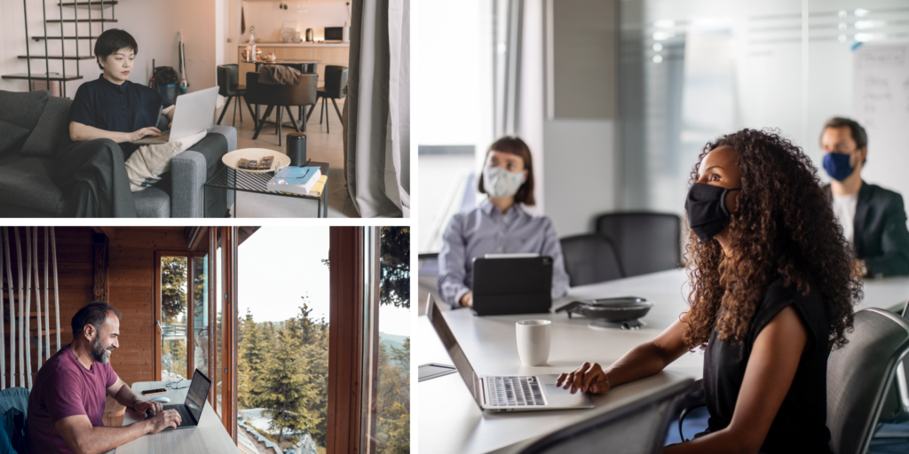 Collage of people working from different workspaces for the future on line workspaces