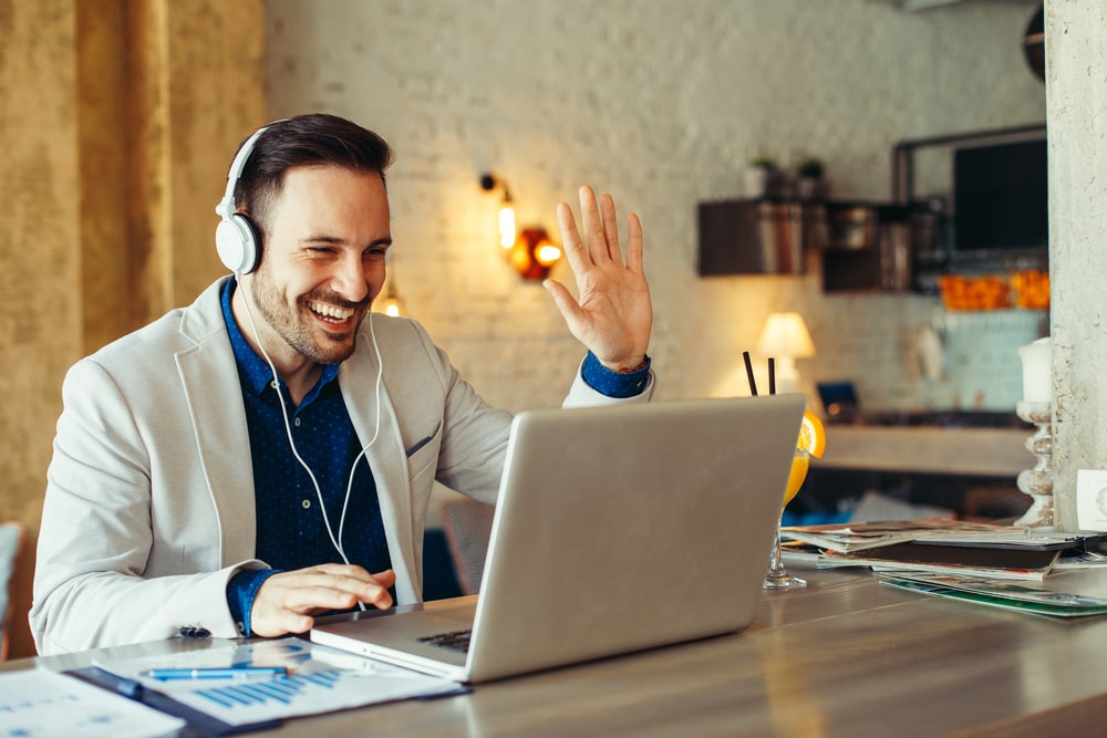 Man on video conference for a video call presentation